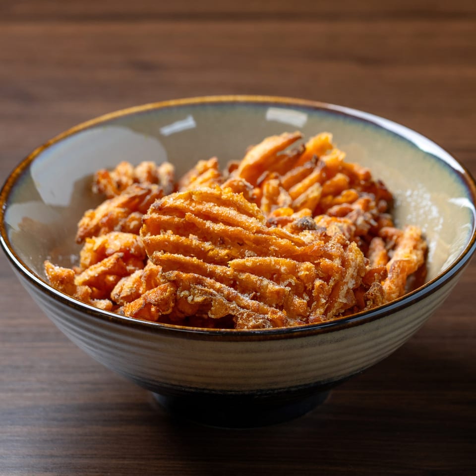 A bowl of crispy, golden-brown sweet potato waffle fries, lightly salted, on a dark wooden table.
